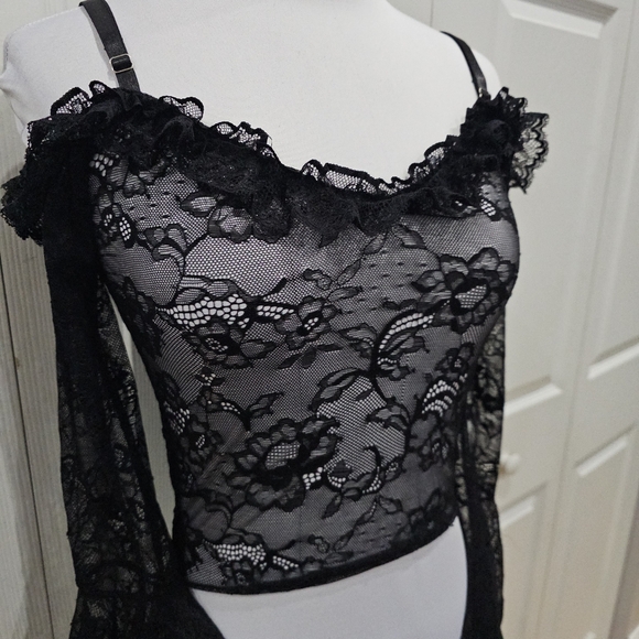 Dolls Kill Widow Gothic With Grace Black Mesh Lace Cropped Sheer Top S - Picture 6 of 12